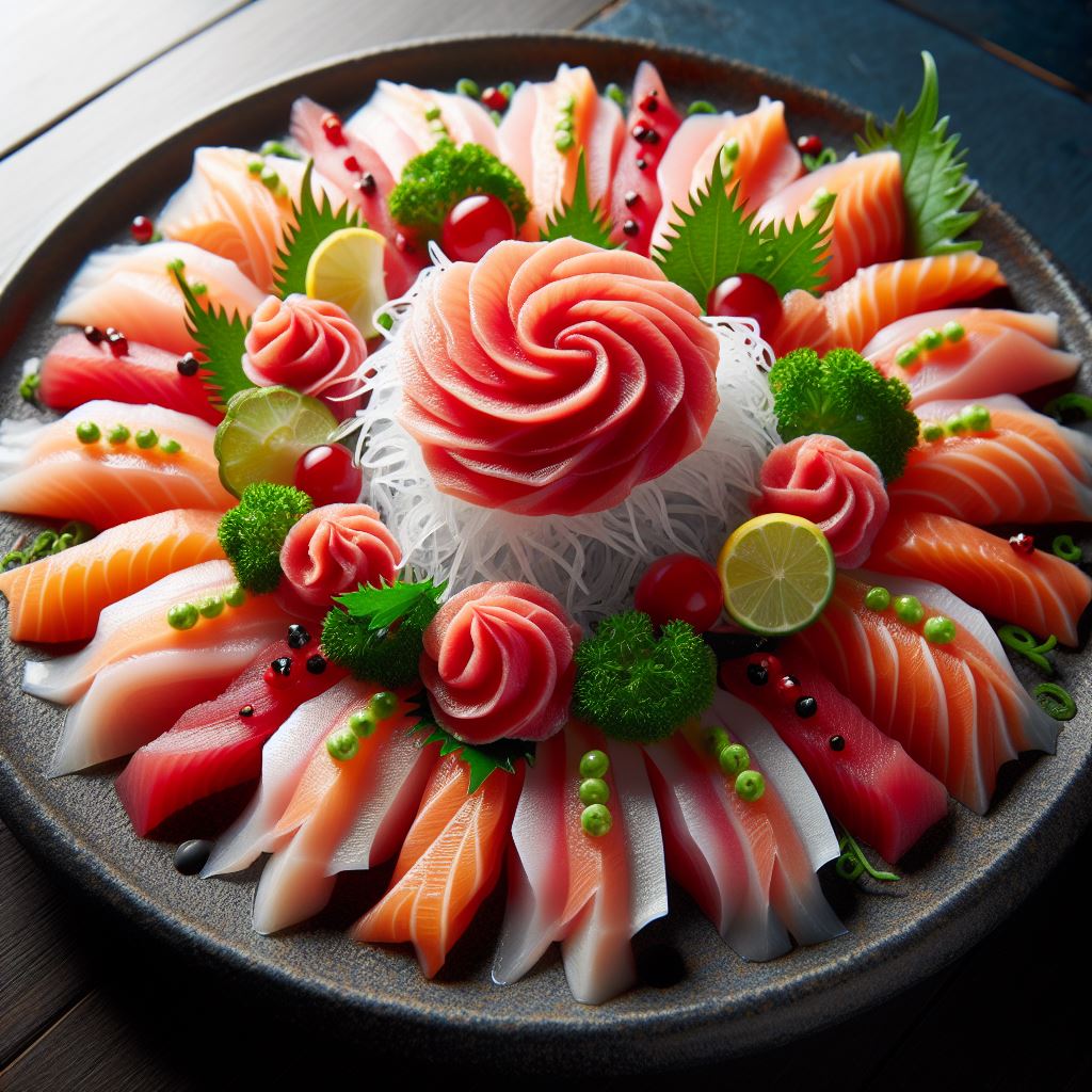 Sashimi platter featuring raw fish slices, a testament to the purity of flavors.