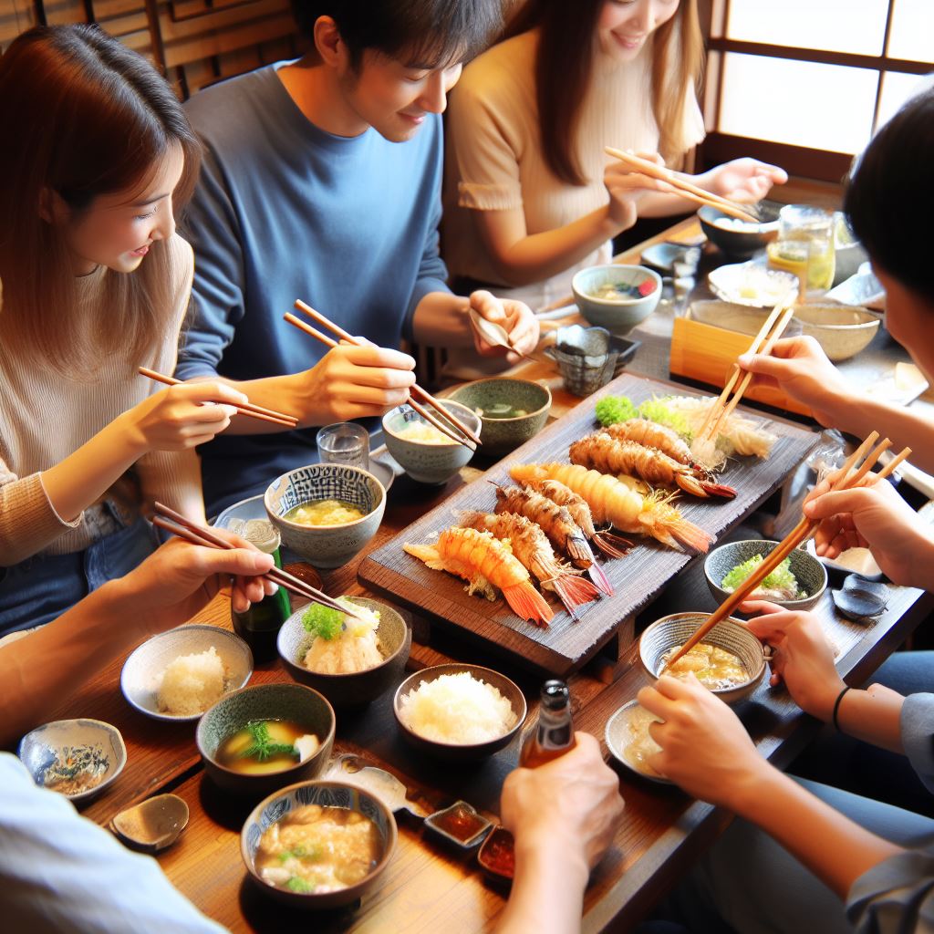 A photo of a group of people sharing food at a Japanese restaurant.