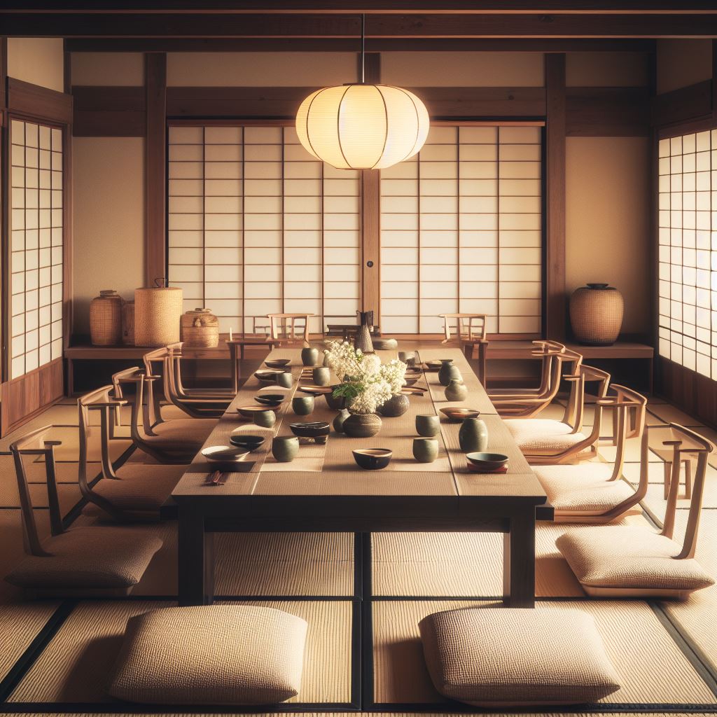 A photo of a traditional Japanese dining table with tatami mats and low chairs.